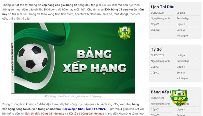 Giao diện bảng xếp hạng bóng đá tại iEuro2024.com