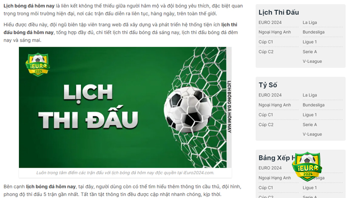 Giao diện lịch thi đấu bóng đá tại iEuro2024.com