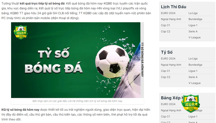 Giao diện tỷ số bóng đá trực tiếp tại iEuro2024.com