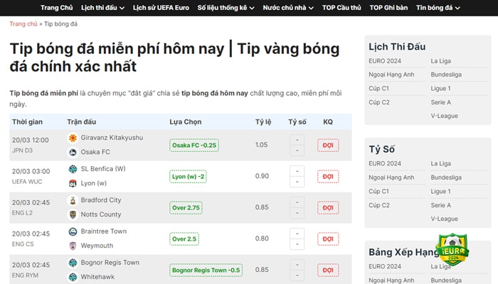 Giao diện tiện ích tip bóng đá tại iEuro2024